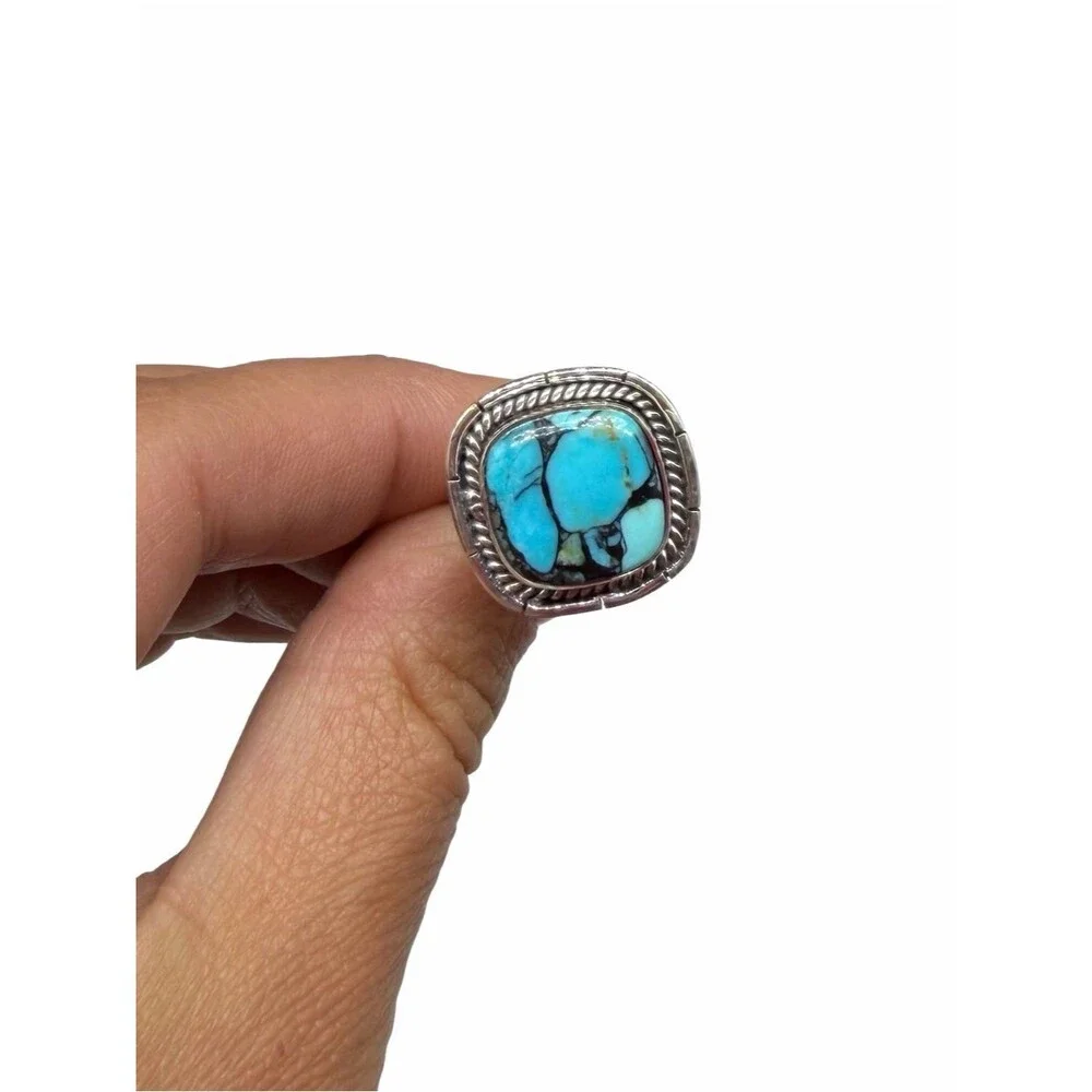 Tibetan Turquoise Ring Size 7 Solid 925 Sterling Silver Square
